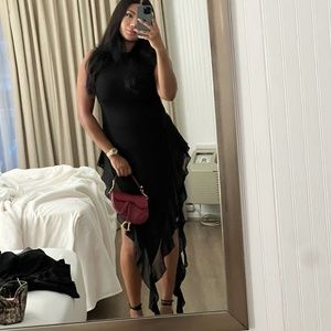 Black Rose Ruffle Maxi Dress with Slits